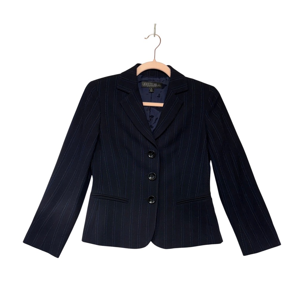 Lafayette 148 New York Navy Blue Pinstripe Blazer Jacket Petite 0P Professional